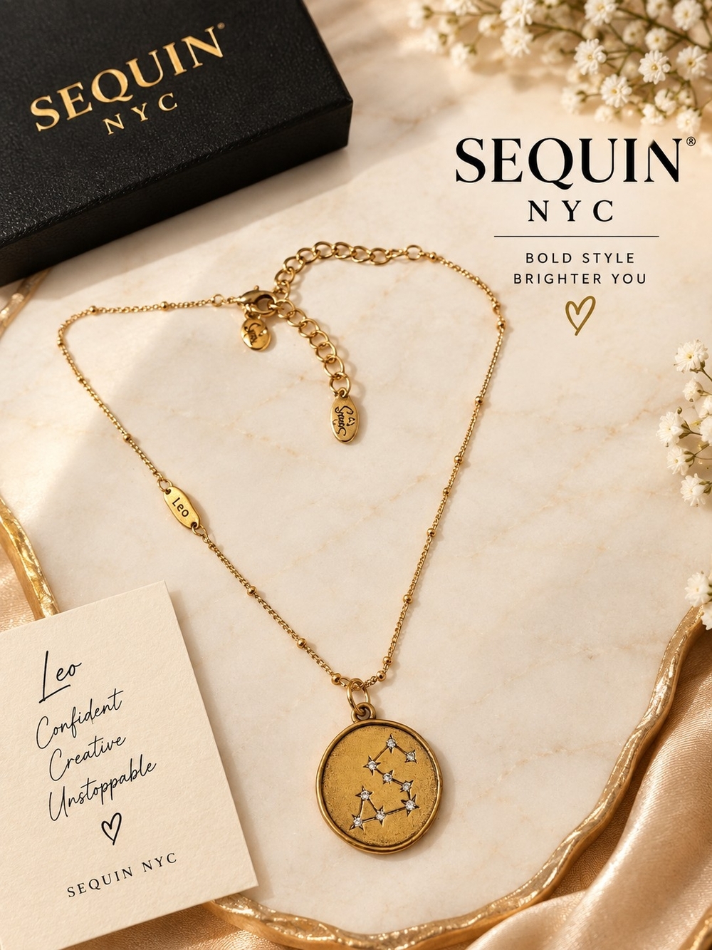 Sequin NYC Gold Leo Constellation Pendant Necklace